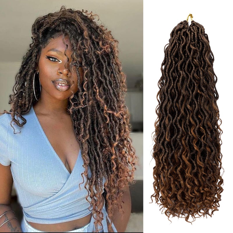 Goddess Locs Crochet Hair 18 Inch 7 Packs Ombre Brown Boho Faux Locs Crochet Hair for Black Women Pre Looped Crochet Locs with Curly Ends 1B30